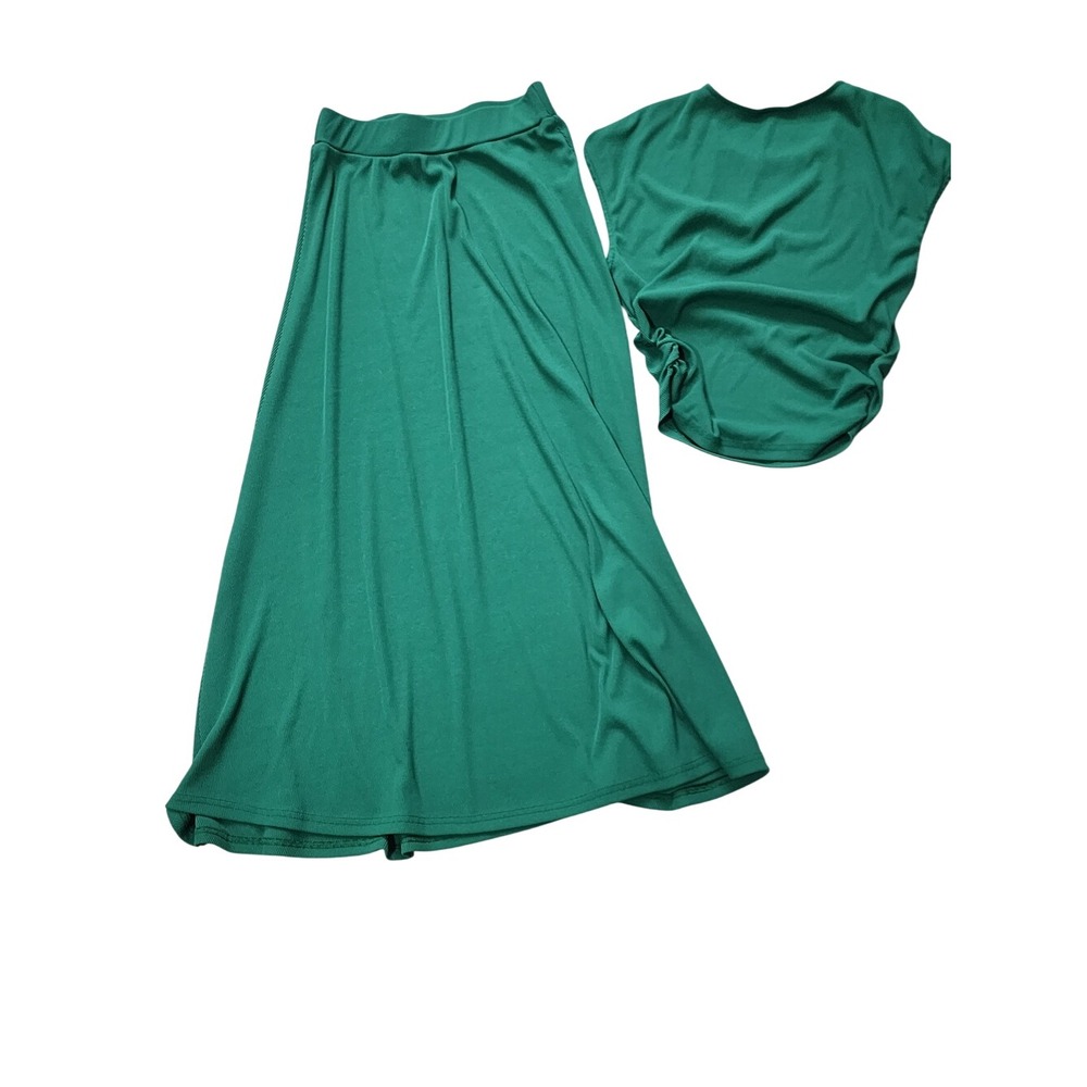 BTFBM Two Piece  Midi Skirt Set Green Ribbed Knit Crop Top Elastic Waist S - Picture 2 of 6